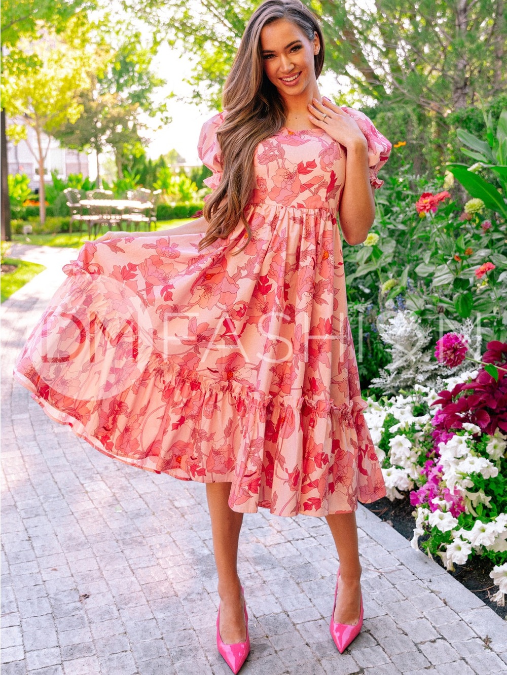 NWOT DM Fashion Avril Romance Pink Floral Puff Sleeve Midi Dress size Medium